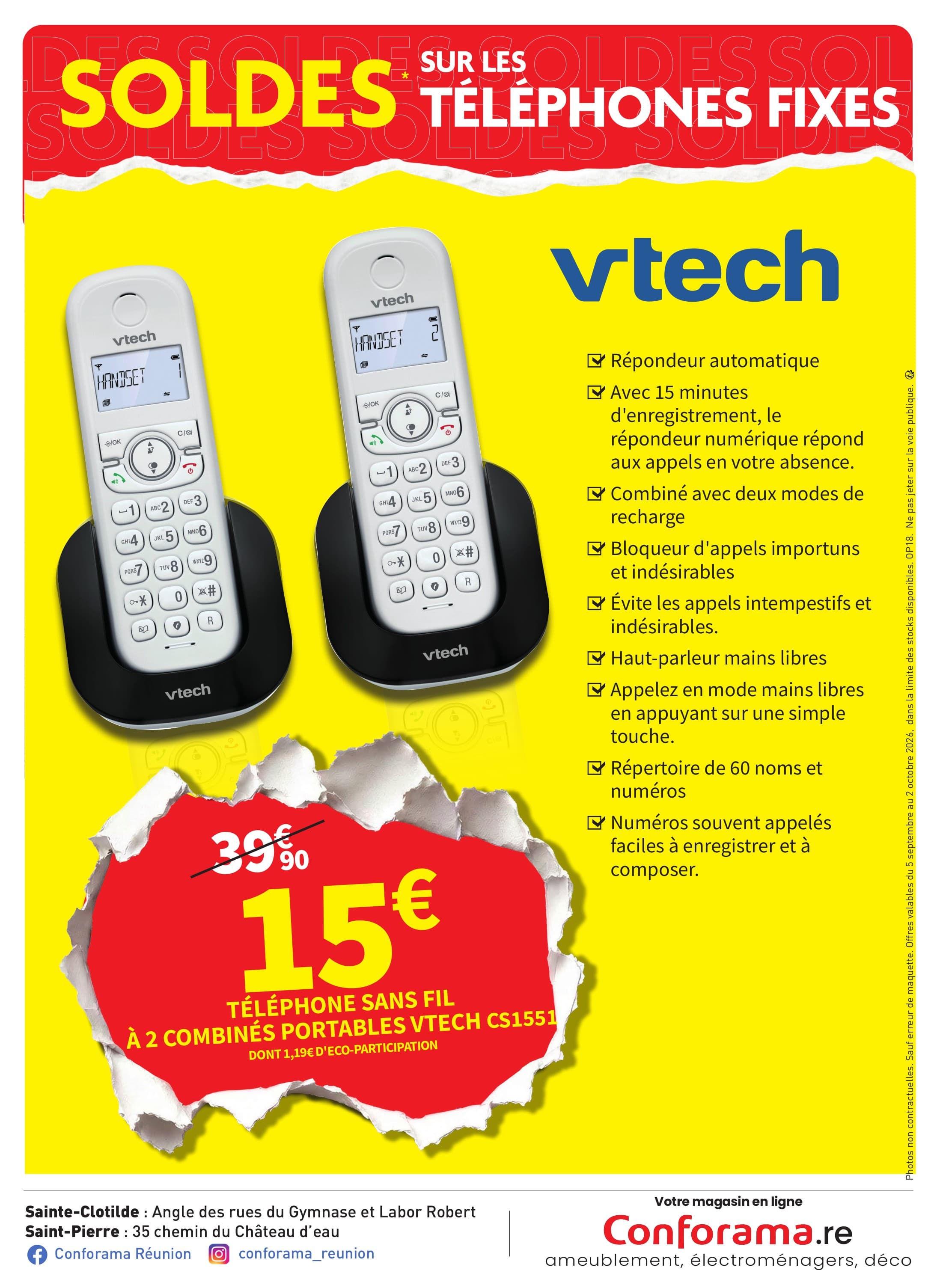 Téléphone sans fil à 2 combinés portables vtech cs1551
