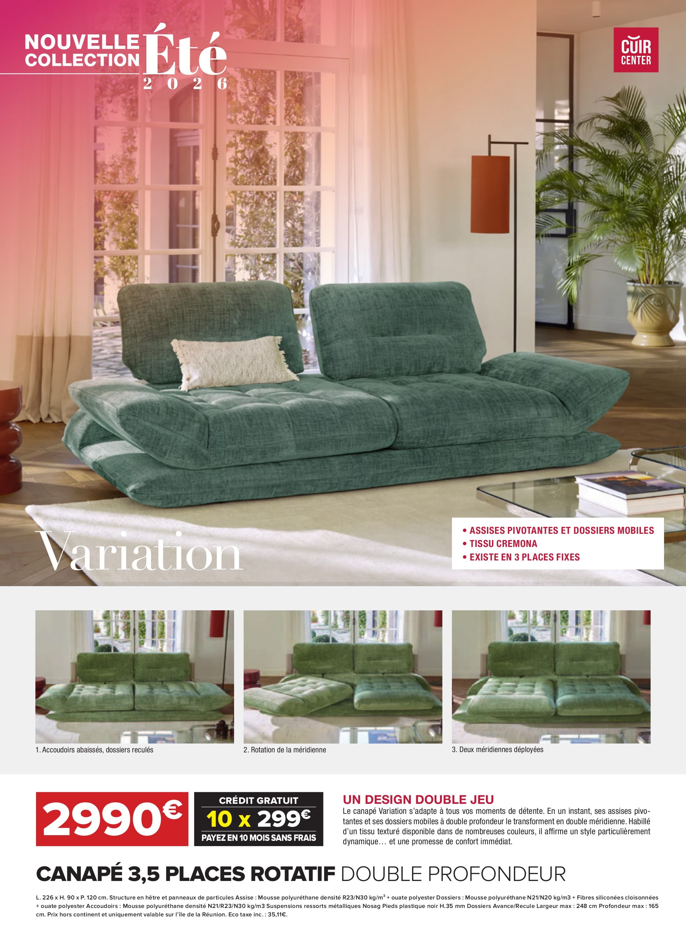 Canapé 3,5 places rotatif double profondeur