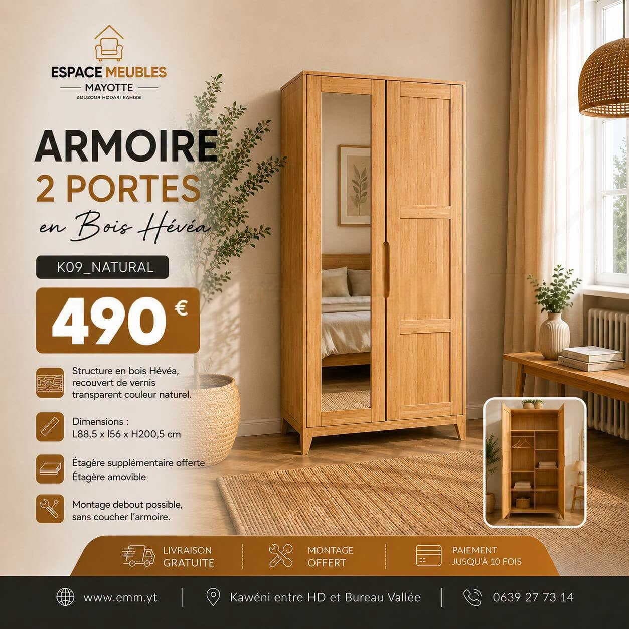 Armoire 2 portes en bois hévéa