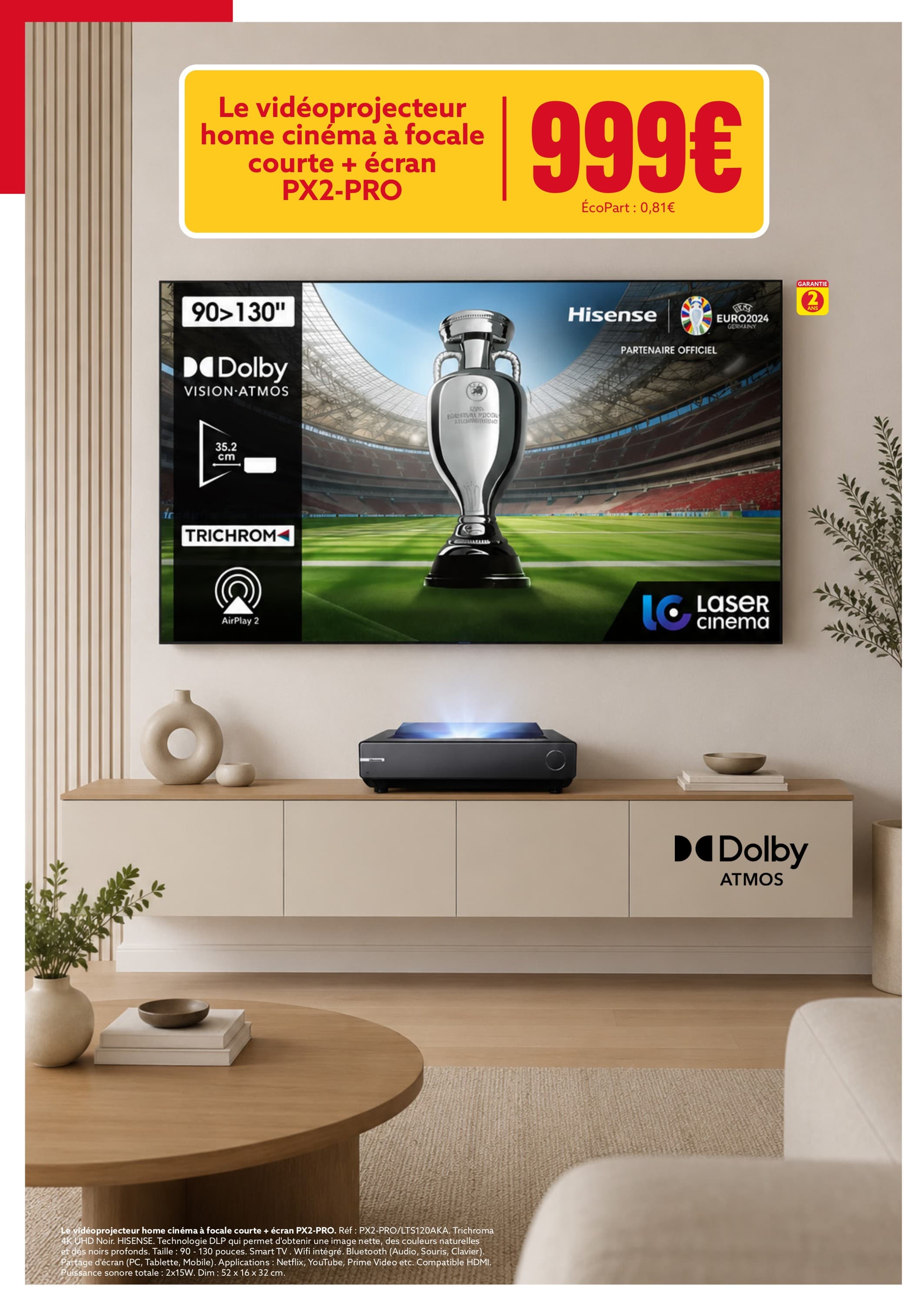 Vidéoprojecteur home cinéma à focale courte + écran px2-pro