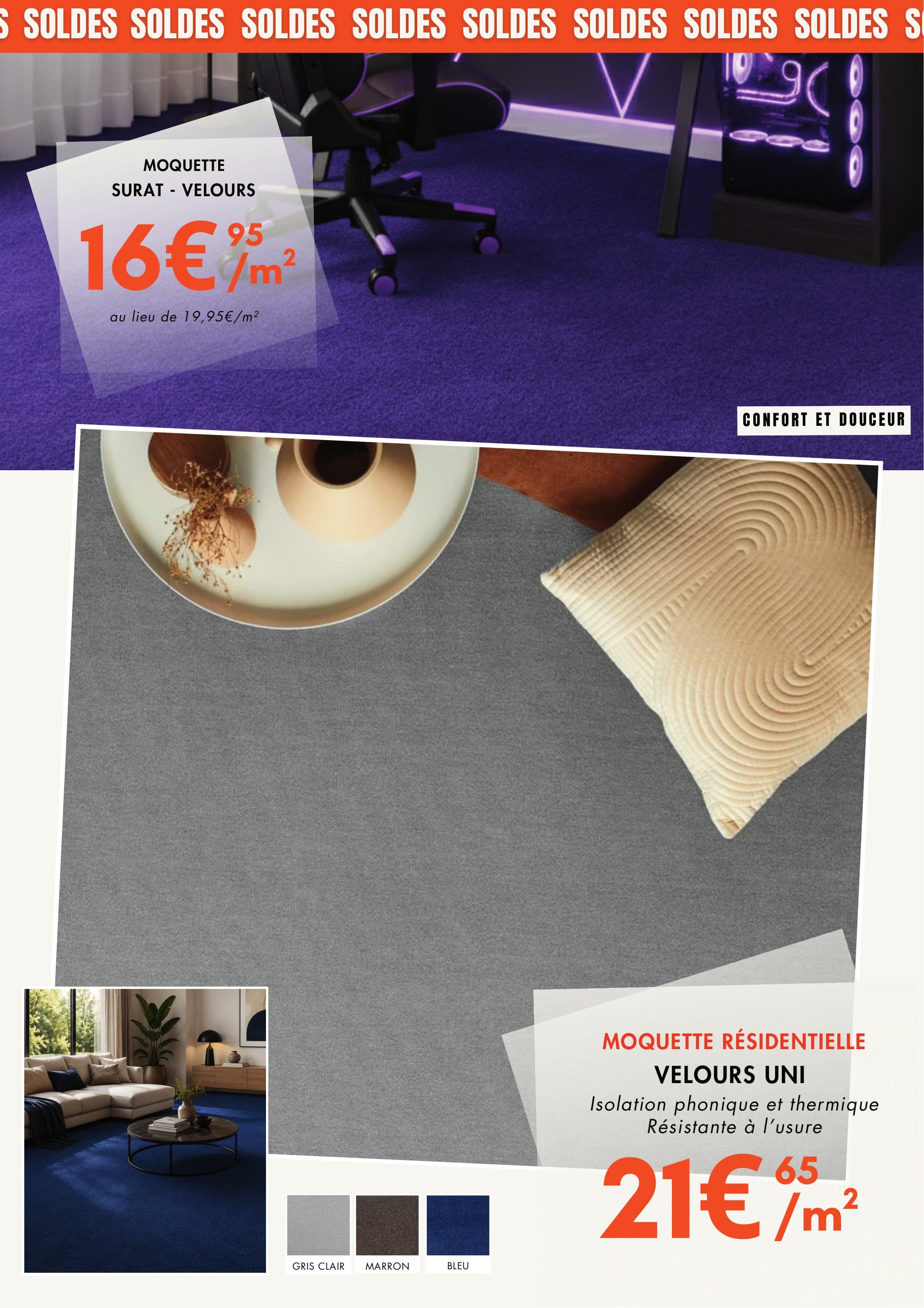 Moquette résidentielle velours uni