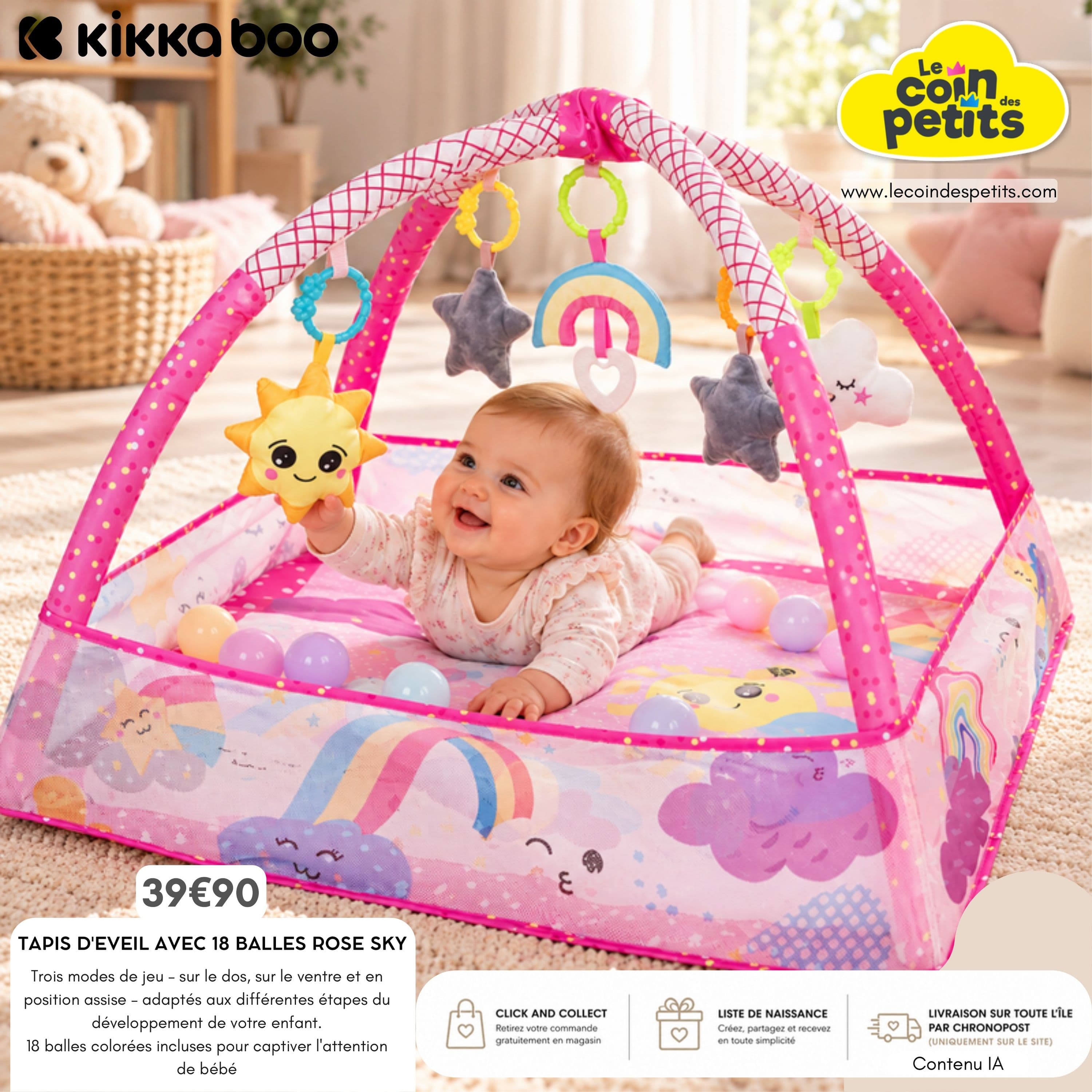 Tapis d'eveil avec 18 balles rose sky