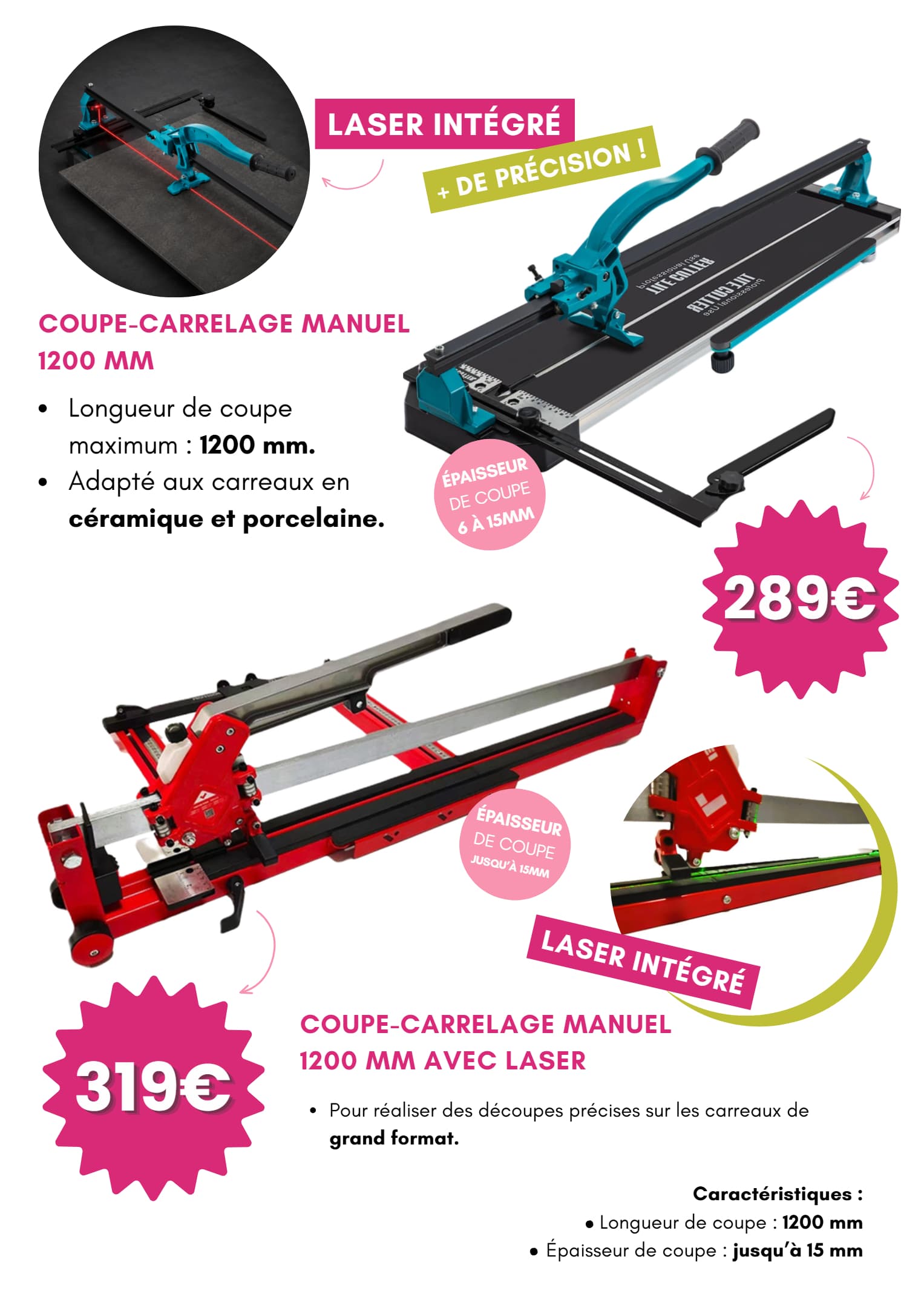 Coupe-carrelage manuel 1200 mm avec laser