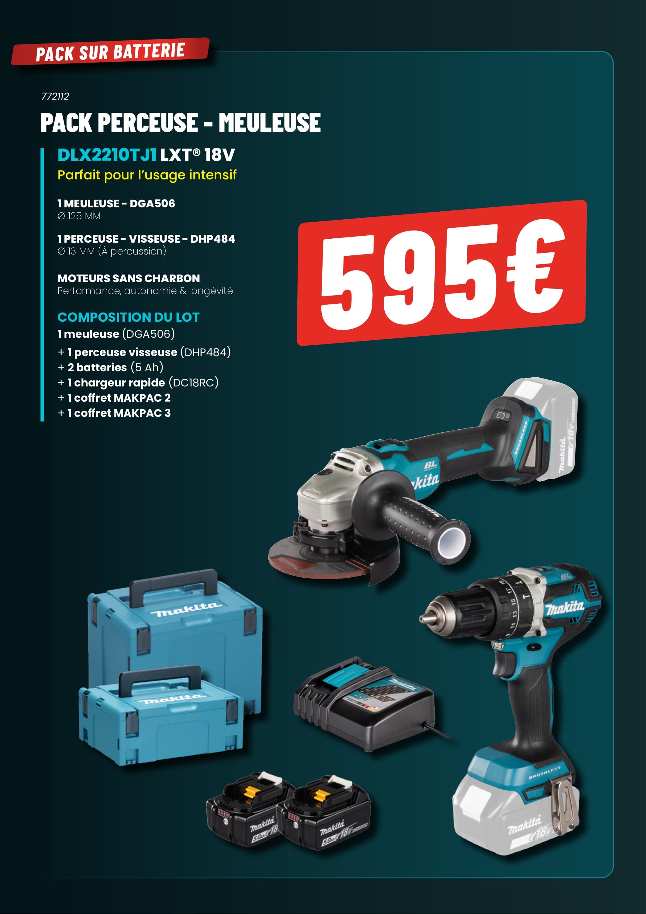 Pack perceuse - meuleuse dlx2210tj1 lxt 18v
