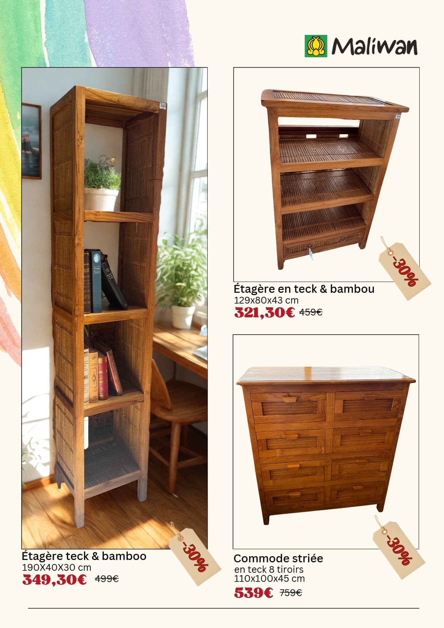 Commode striée en teck 8 tiroirs