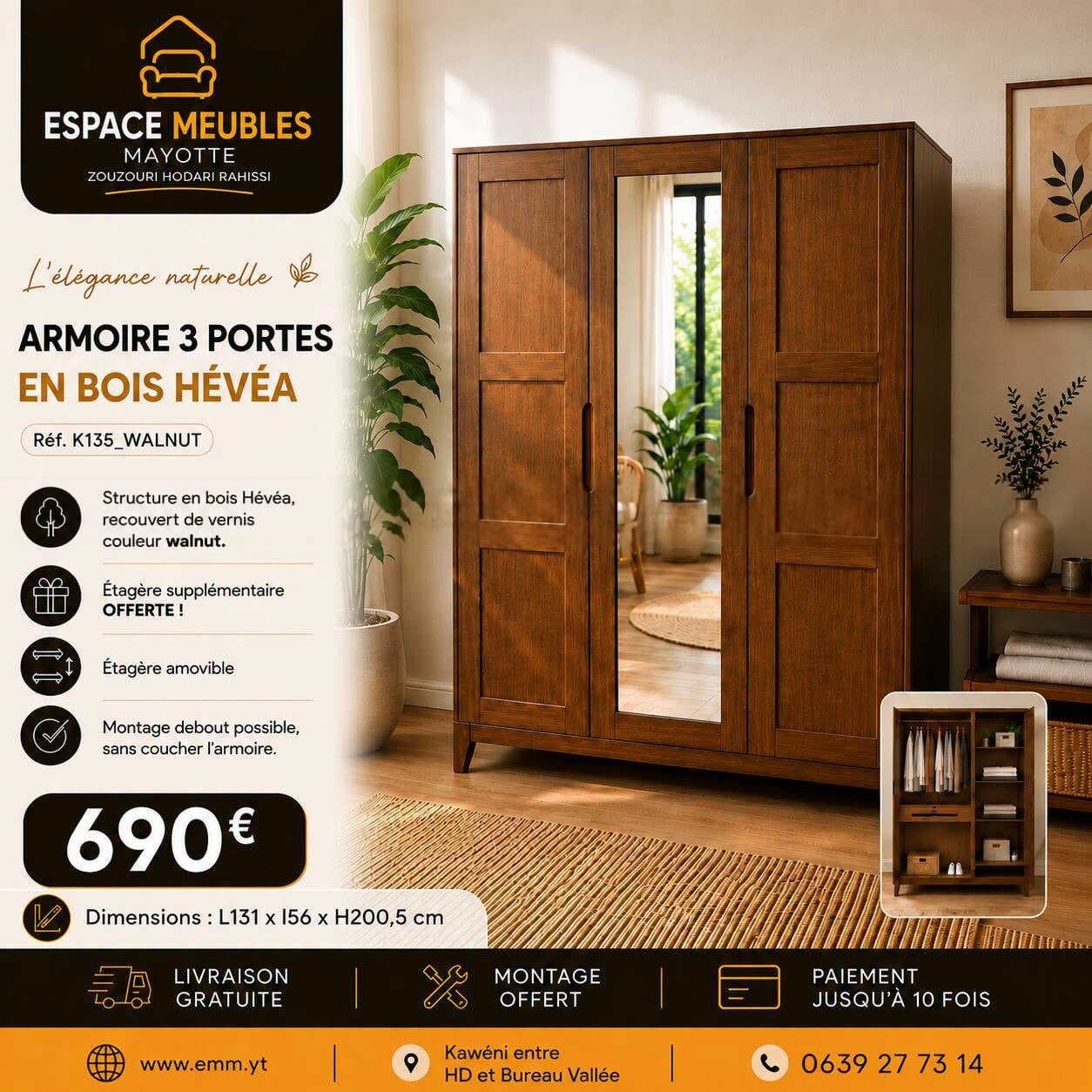 Armoire 3 portes en bois hévéa