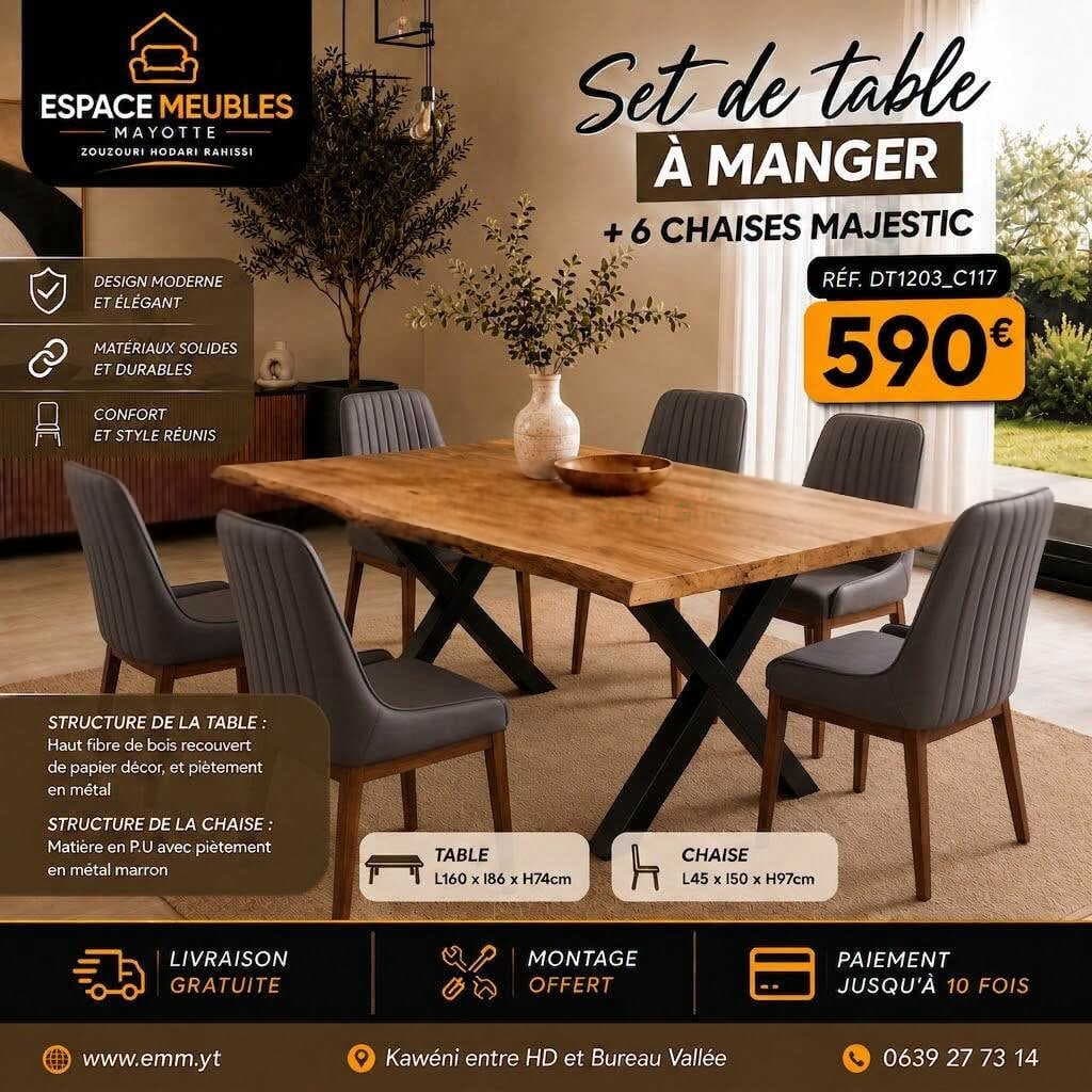Set de table à manger + 6 chaises majestic